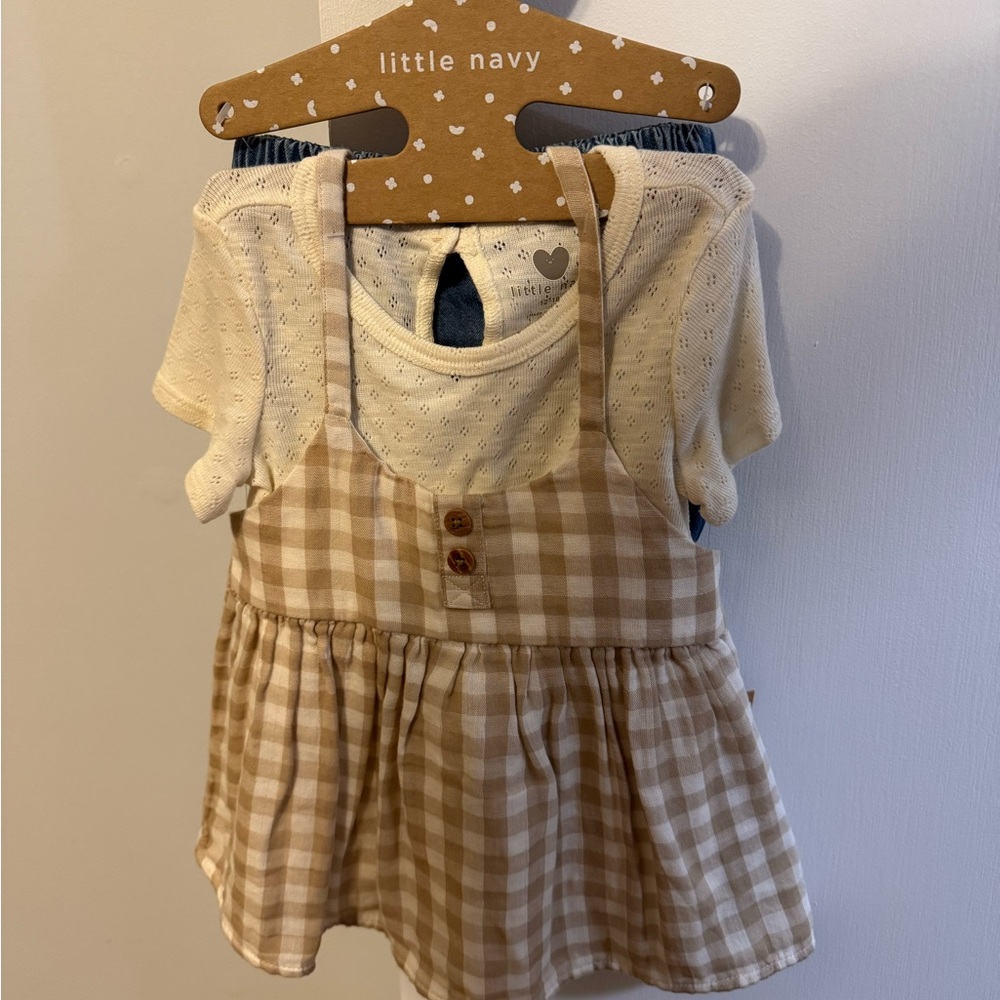 Little Navy Plaid Dress Set with Cream Top and Denim Diaper Cover NWT 12-18 M